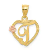 14K Two-Tone Heart Letter T Initial Pendant