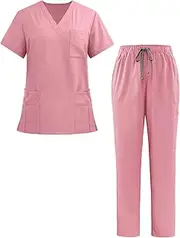 [Adigau] Scrubs for Women V Neck Scrub Set with Multi Pocket Waistband Jogger Pants Womens Nurse Uniforms Surgical Gowns Hand Wash Lightweight Medical Short Sleeve Nursing Uniform