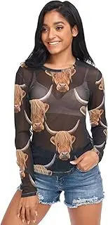 [RPLIFE] Cute Highland Cow Heads Black Mesh Sleeves for Women, Long Sleeve Party Tops for Women S-XXL