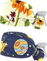 [WOSHJIUK] Working Hat 2 Pack Scrub Caps for Women,Sunflower and Butterfly Plant,Tie Back Cap Adjustable Scrub Hat