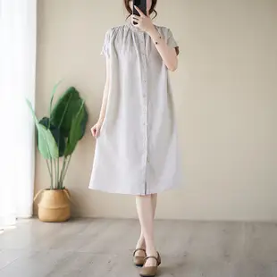 2024年夏季新款輕薄棉麻日系藝文寬鬆短袖洋裝女