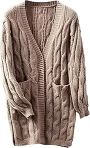 [Generic] Women's Brown Cable Knit Cardigan - Classic Open Front Design with Textured Pattern & Warm Comfort