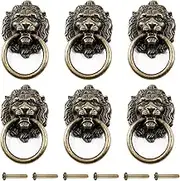 6 Pcs Lion Head Knobs Pull, Antique Bronze Ring Pull Handles for Dresser Drawers Cupboard Closet Jewelry Box, with Screws