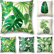 Set of 6 Tropical Leaves Throw Pillow Cover Decorative Cotton Linen Burlap Square Outdoor Cushion Cover Pillow Case 18 X 18 Inch(P6-02)