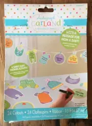 Autograph baby shower hanging garland 24 cutouts/24clothespins/ribbon 15 ft. NIP