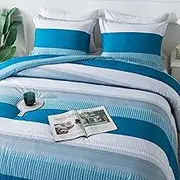 Andency Stripe Comforter Set King Size (104x90 Inch), 3 Pieces Teal Patchwork Striped Comforter, Soft Microfiber Down Alternative Comforter Bedding Set with Corner Loops