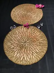 Jewel of Mumbai Beaded Placemats 2 PC SET Bronze Gold Peach Blush starburst