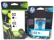 Genuine OEM HP 02 Black Ink Twin Pack (2) + (1) One 02 Cyan OEM HP Cartridges