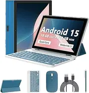 Android 15 Tablet 10 Inch, 18GB RAM+128GB ROM/2TB Expandable Tablet, 2 in 1 Tablets with Keyboard Case Mouse Stylus, 2.0GHz Quad-core CPU, 1280*800 IPS HD Screen, 5G WiFi6 BT 5.0, 8MP Camera Tablet PC