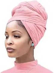 [SOLFEJ] Long and Large Turban Head Wraps for Women,Stretch and Breathable Hair Wrap Scarf,Super Soft Jersey Headwrap Tie -Pink