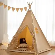 RONG FA Kids Teepee Tent with White Pom Pom - Indoor Play Teepee for Children Boys Portable Play House (Apricot Ball+mat), Khaki+pad