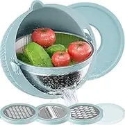 4-1 Colander with Mixing Bowl Set，Stainless Steel Colander Set with Lid，Pasta Strainer, Rice Strainer, Fruit Cleaner, Veggie Wash,Salad Spinner, Apartment & Home Essentials (Blue)