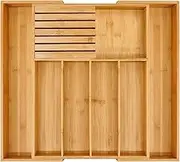 VaeFae Bamboo Silverware Drawer Organizer Kitchen, Expandable Utensil Holder and Cutlery Tray with Divider 55 x 43 Centimeters Flatware Storage and Removable Knife Block