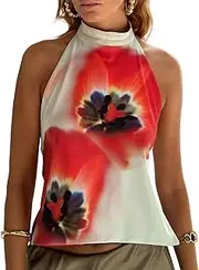 [Aonoapll] Women Y2k Floral Print Halter Top Backless Sleeveless Mock Neck Tank Top Open Back Going Out Vest Tops