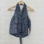 Sneak Peek acid wash chambray button front crop Tops
