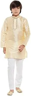 [Sojanya] Boys' Designer Banarsi Dupion Silk Blend Kurta Churidaar Set Gold