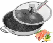 Wok Pans with Lid, 12.5" Large Stainless Steel Honeycomb Skillet with Handle - P
