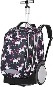 [King Mills] 18in Roller Backpack, Rolling Bookbag w. 7in Extra Large Wheel. Easy Convert Between Roller and Backpack., Black-Unicorn, Medium, Wheeled