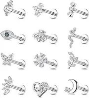[Kakonia] 12Pcs 16G Cartilage Stud Earring for Women Stainless Steel Top Screw Flat Back Earrings Butterfly Evil Eye Moon Heart CZ Cartilage Earrings Nose Rings Studs Conch Helix Tragus Piercing Jewelry