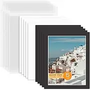 Mat Board Center, Pack of 5 Bevel Cut 8x10 Black Mat for 7x9 Photo with White Core Matte Set, Includes 5 Acid Free Mats, 5 Backing Board and 5 Clear Bags