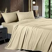 4-Piece Queen Size Sheets Set，Blend of 60% Rayon Derived from Bambo and 40% Polyester，Cooling Bed Sheets, Silky Bedding Sheets & Pillowcases, 16 Inch Deep Pockets (Queen,Beige)