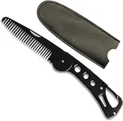 Mustache Comb, Stainless Steel Folding Beard Comb with Leather Cover, Portable Multifunction Anti Static for Men Grooming, Combing Hair, and Mustache Styling