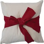 18" Square Hand-Woven Cotton Slub Pillow w/Bow, Cream Color & Red