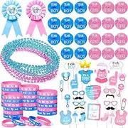 Winrayk 104Pcs Baby Gender Reveal Party Supplies Favors Boy or Girl Gender Reveal Ideas Badge Pin Button Pin Silicone Bracelet Photo Prop Necklace Baby Shower Pink and Blue Gender Reveal Decor Games