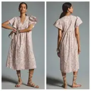Anthropologie Maeve Dress Womens XXS Pink Flutter Sleeve Poplin Midi Dress New