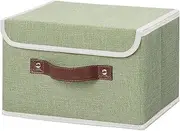 [ANMINY] Storage Bin with Lid Storage Boxes with PU Leather Handles PP Plastic Board Decorative Foldable Lidded Cotton Linen Fabric Home Cubes Baskets Closet Organizer Container - Green, Small Size