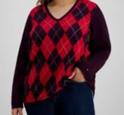 Tommy Hilfiger Women's Red Argyle V-Neck Sweater Plus Size 1X