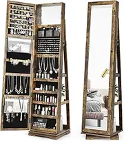 Giantex 360 Rotating Mirrored Jewelry Cabinet, Free Standing Jewelry Armoire, 2-in-1 Lockable Large Capacity Jewelry Organizer w/Full Length Mirror, Inside Makeup Mirror (Coffee)