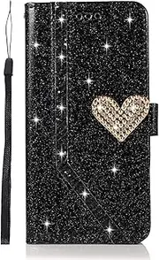 Guppy Compatible with iPhone 14 Plus Glitter Wallet Case for Women Luxury Bling Diamond Rhinestone Heart 2 Card Holder Wrist Strap PU Leather Slots Protective Cover 6.7'' Black
