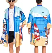 [OLAOLA] Men's Bathrobe Lightweight Kimono Dressing Gown Men Women Unisex Comfortable Soft Long Sauna Robe Microfibre Lightweight Quick-Drying Bathrobe, Shark, Large