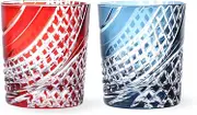 J-Kitchens Retro Kiriko Pair Glass Cup Φ3.1 x H3.5 inches (80 x 90 mm), 9.1 fl oz (280 cc), Running Water Grate, Red & Ink Blue, Koujo Current Model