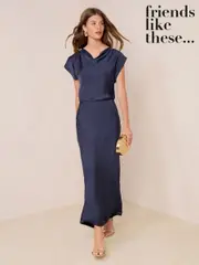 Friends Like These Navy Blue Petite Hardware Detail Satin Midi Dress (W26830) | $136