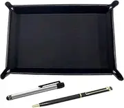 TRASB-ALST-WD002-B Japanese Grain Cowhide Leather Pen Tray Black Metal Touch Stick Silver and Epoxy Rotating Ballpoint Pen Set Black
