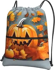 EdWal Autumn Leaves Thanksgiving Day Pumpkin Print Drawstring Backpack Gym Bags Sports Bags With Zipper Pocket For Travel Swimming Beach, Black, One Size