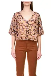 Sanctuary Women's Harvest 3/4 Puff Sleeve Button Front Blouse Top Size Large