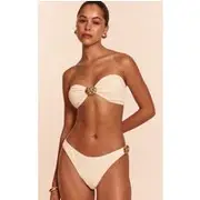 Cream Textured Flower Trim Bandeau Bikini Top, Cream