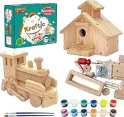 Kraftic Woodworking Building Kit for Kids and Adults, 2 Educational DIY Carpentry Construction Wood Model Kit Toy Projects for Boys and Girls - Build a Wooden Town Hall Birdhouse and Train