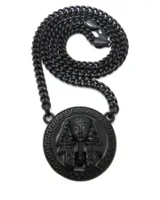Hip Hop Iced Black Egyptian King Tut Pharaoh Pendant & 24" Cuban Chain Necklace