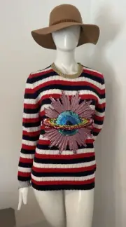 AUTH.GUCCI Sequin Patch Wool Red White Blue Stripe Sweater XS New