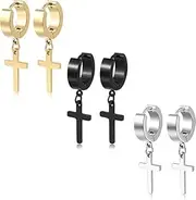 [LYSAIMG] 3 Pairs Stainless Steel Cross Dangle Huggie Hinged Hoop Earrings for Men Women,Classic Cross Hoop Earrings,Hook Cross Earrings Fine Jewelry for Men Women (Silver,Gold,Black)