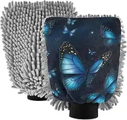 XYMZR Blue Butterflies and Night Absorbent Microfiber Car Wash Mitt, Funny Cute Anime Scratch Free for Cars Cleaning, Home Cleaning Mitts, 2 Pack, 10.24” L x 7.09” W