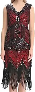 [Wuchieal] 1920s Great Gatsby Charleston Flapper Dress Sequin Pearls Outfit Fancy Dress Up (AU12-14, Red)