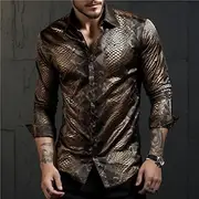 Men's Snake Metallic Shirt Button Up Shirt Long Sleeve Abstract Daily Wear Going out Fall Winter Turndown Print Button-Down Black Gold Brown Khaki