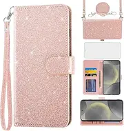 Asuwish Mobile Phone Case for Samsung Galaxy S24 5G Case with Strap, Screen Protector, Card Slot, Foldable, Glitter, Leather, Wallet, Stand, S 24, 24S, S24, Mobile Phone Case, Rose Gold