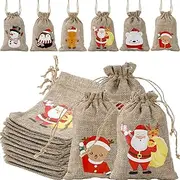 24 Pack Cotton Linen Christmas Jute Burlap Bags, 4 x 6 Inches Xmas Drawstring Gift Treat Candy Bag, Small Craft Canvas Goodie Bags for Xmas Party Wedding Supplies