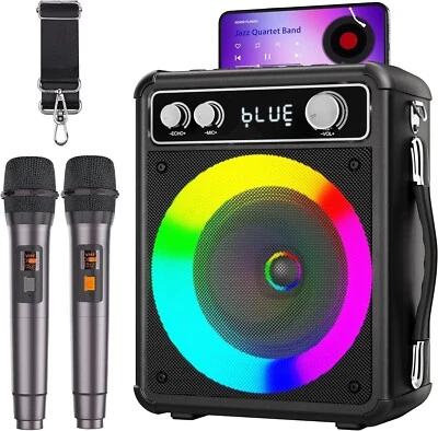 Karaoke Machine, Portable Bluetooth Speaker with Two Wireless Microphones